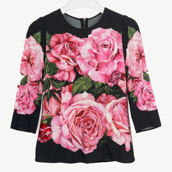 Dolce & Gabbana Nero Rose Floral Printed Crêpe Top - Picture 2 of 11